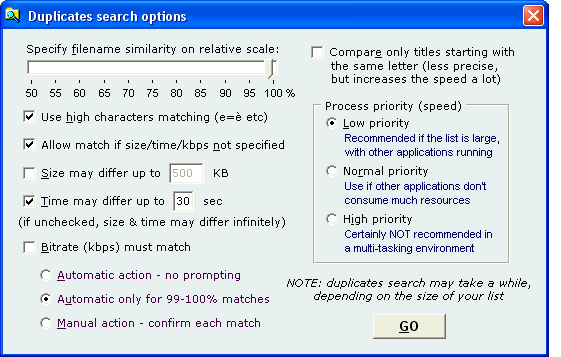 mp3 List Maker De Luhe duplicates search options window