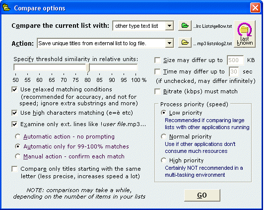 mp3 List Maker De Luhe compare options window