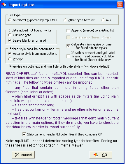 mp3 List Maker De Luhe import options window